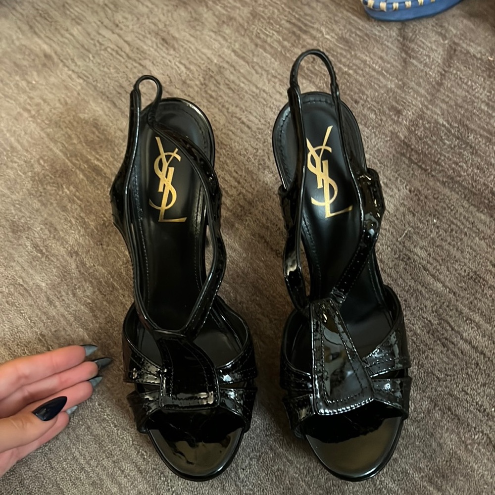Yves Saint Laurent black strappy patent sling back platform pumps size 38